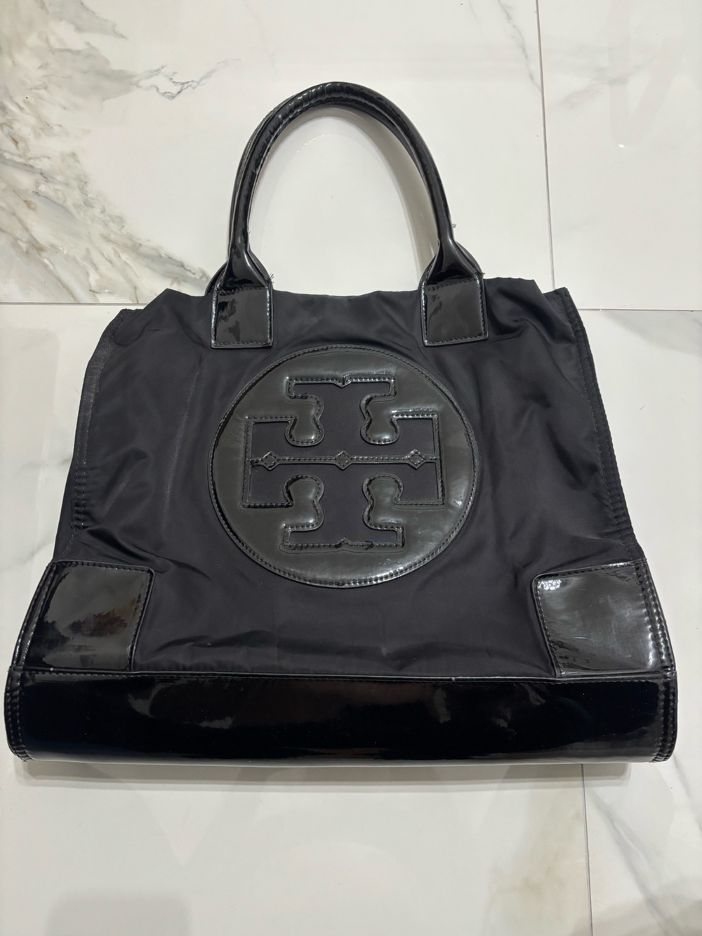 Tory Burch Black Nylon Tote with Patent Trim and Logo